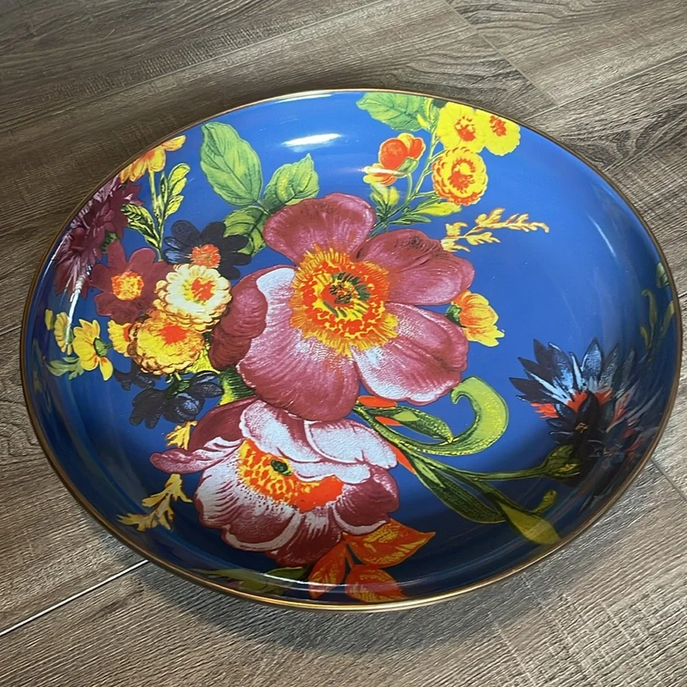 MACKENZIE CHILDS Lapis Blue Flower Market Enamel Abundant Bowl - Picture 3 of 4